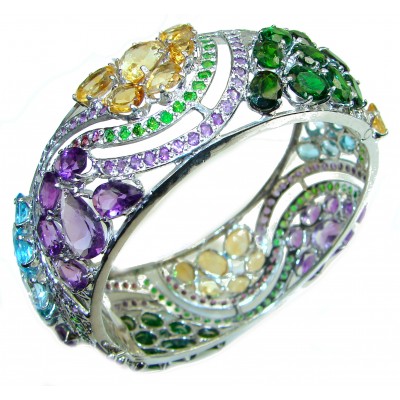 Dramatic Design multi-color gemstones .925 Sterling Silver handmade bangle Bracelet