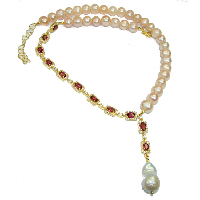 Modern meets Traditional Pearl Garnet 14K Gold over .925 Sterling Silver handcrafted Necklace