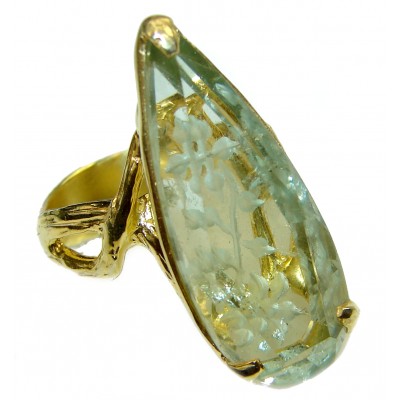 Natural carved Green Amethyst 14K Gold over .925 Sterling Silver ring size 8