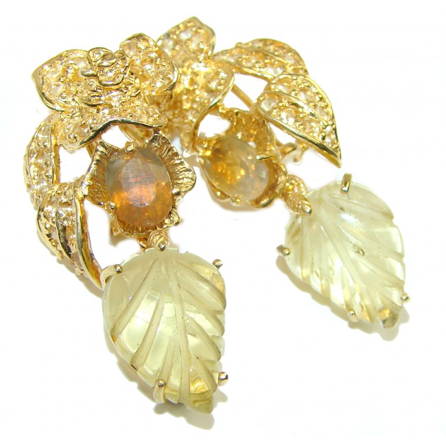 Milano Luxurious Style Natural carved Citrine 14K Gold over .925 Sterling Silver handmade earrings