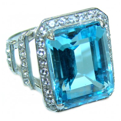 25.5 carat Large Emerald shape Swiss Blue Topaz .925 Sterling Silver handmade Ring size 9