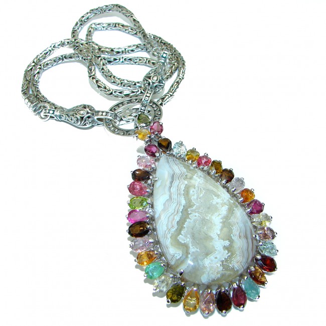 Artisan Master Piece genuine Crazy Lace Agate .925 Silver handcrafted Bali Legacy Borobudur Chain Necklace Pendant Brooch