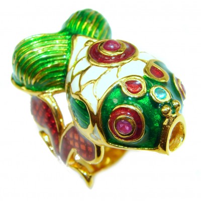 Lucky Fish Enamel Ruby 18K Gold over .925 Sterling Silver Huge Ring s. 7