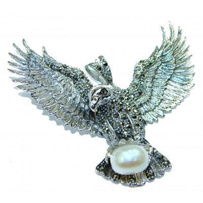 Huge Eagle Pearl Marcasite .925 Sterling Silver handcrafted Pendant