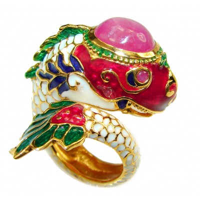 Lucky Fish Enamel Ruby 18K Gold over .925 Sterling Silver Huge handcrafted Ring s. 6 1/2