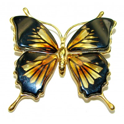 Amazing Butterfly Natural Golden Amber 14K Gold over .925 Sterling Silver handmade Pendant