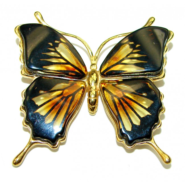 Amazing Butterfly Natural Golden Amber 14K Gold over .925 Sterling Silver handmade Pendant