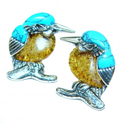 Two Birds Baltic Polish Amber Turquoise .925 Sterling Silver earrings