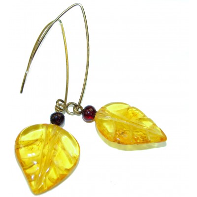 Carved Leaves Butterscotch Baltic Polish Amber .925 Sterling Silver earrings
