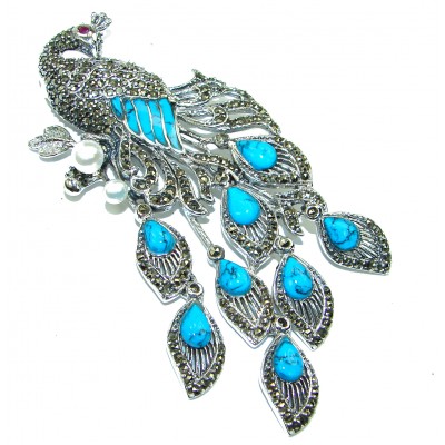 Large Turquoise Peacock .925 Sterling Silver handmade Pendant Brooch