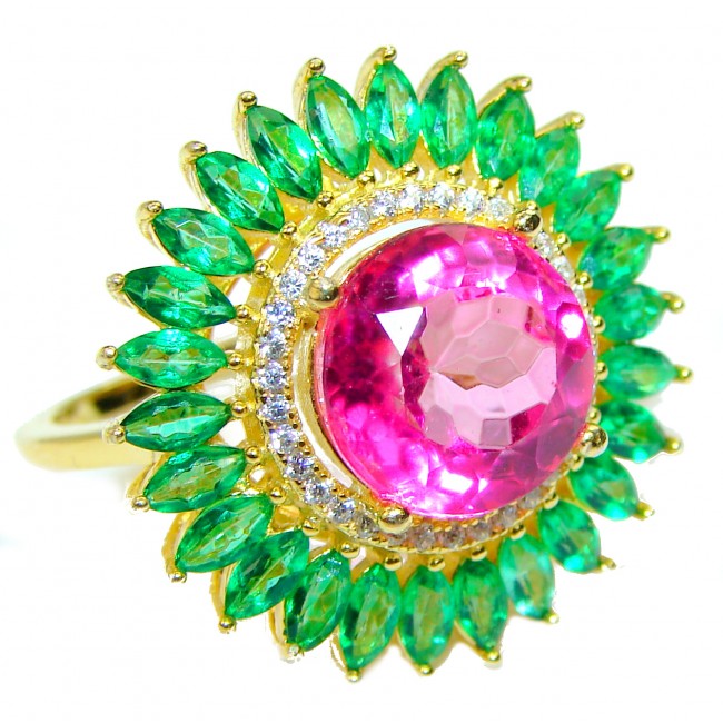 Belle'Amore Pink Topaz Emerald 18K Gold over .925 Sterling Silver handcrafted Cocktail Ring s. 8 1/4