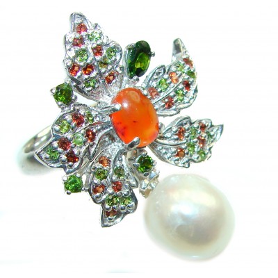Marilyn Pearl Mexican Opal .925 Sterling Silver handcrafted Statement ring s. 8