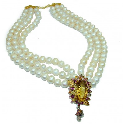 Spectacular 16 inches Long genuine Pearl golden Mystic Topaz 14K Gold over .925 Sterling Silver handcrafted Necklace