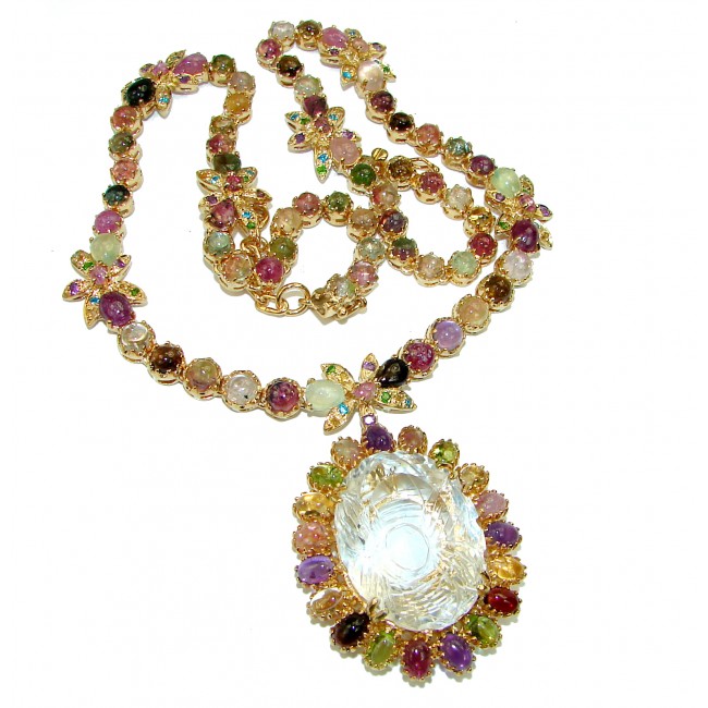 Outstanding carved White Topaz Brazilian Tourmaline 18K Gold over .925 Sterling Silver handcrafted Statement necklace