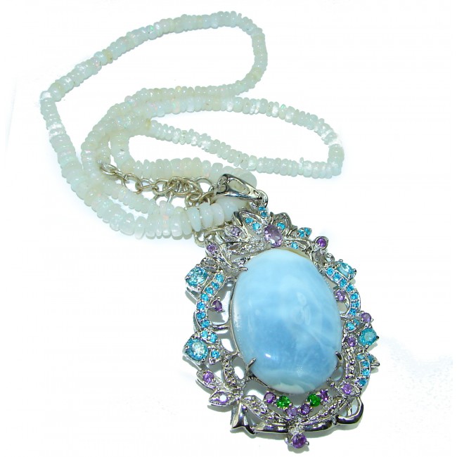 Paradise Found Aquamarine Ethiopian Opal beads strand .925 Sterling Silver handcrafted necklace Brooch