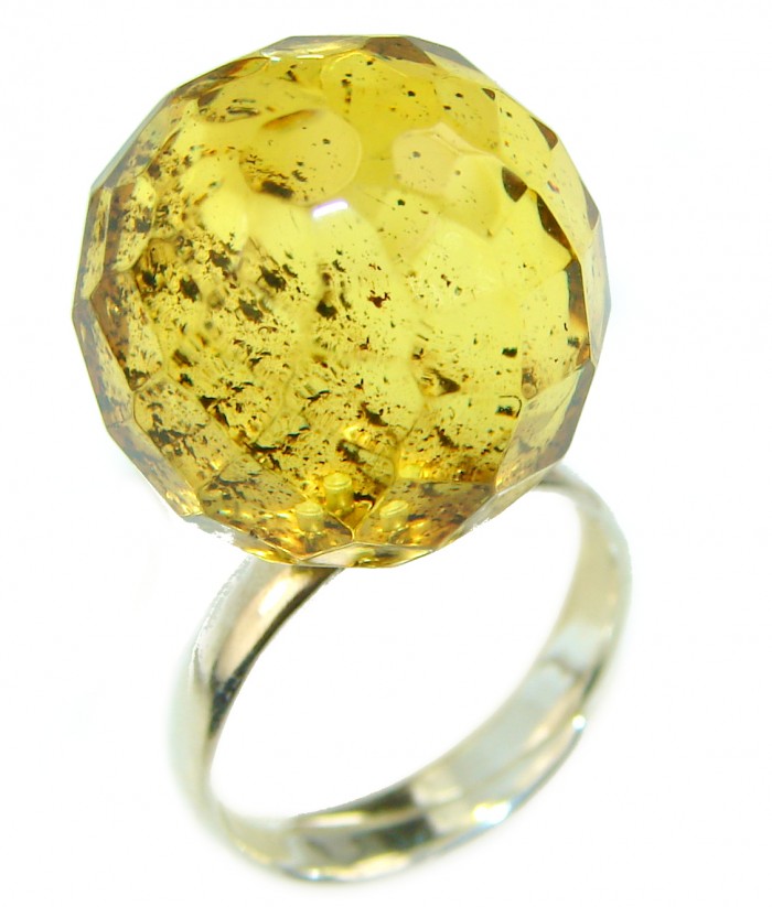 Modern Concept Natural faceted Baltic Amber .925 Sterling Silver ring s. 8 adjustable