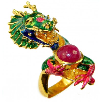 Dragon - symbolizes supernatural power- Enamel Ruby 18K Gold over .925 Sterling Silver Huge handcrafted Ring s. 6
