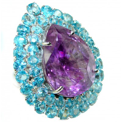 66.5 Carat Authentic African Amethyst Aquamarine .925 Sterling Silver Handcrafted Large Ring size 8