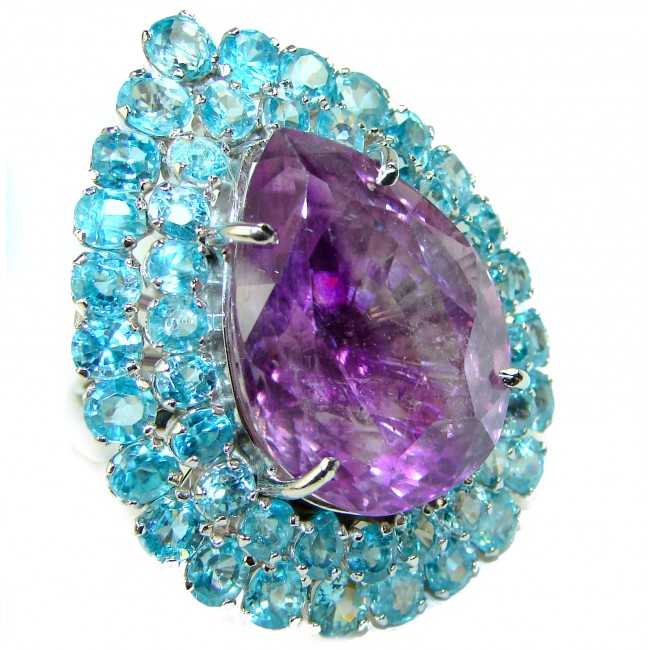 66.5 Carat Authentic African Amethyst Aquamarine .925 Sterling Silver Handcrafted Large Ring size 8