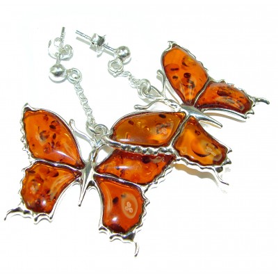 Large Butterlies natural Baltic Polish Amber .925 Sterling Silver earrings
