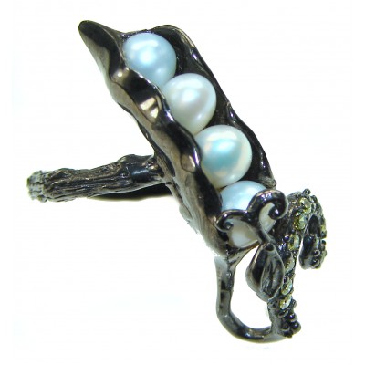Precious Pea Pod Pearls black rhodium over .925 Sterling Silver handmade Ring s. 9