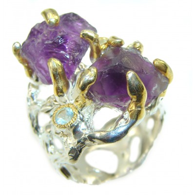 Authentic Rough Amethyst over 2 tones .925 Sterling Silver Large Ring size 7 1/2
