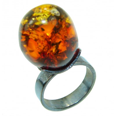 Authentic Baltic Amber black rhodium over .925 Sterling Silver handcrafted ring; s. 10