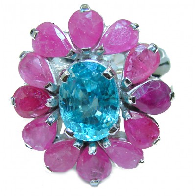 Bright Creation Swiss Blue Topaz Ruby .925 Sterling Silver handmade Ring size 7 1/4