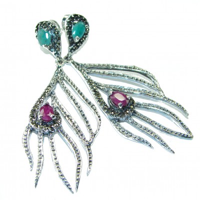 Peacock Feather design genuine Ruby Emerald .925 Sterling Silver handcrafted earrings