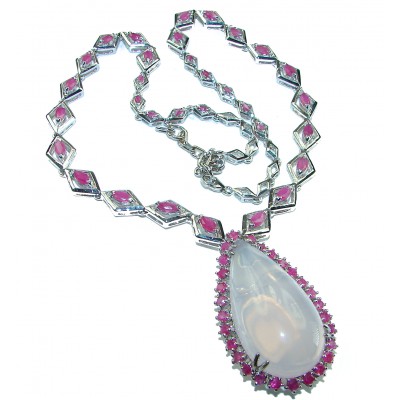 Outstanding Brazilian Rose Quartz Ruby .925 Sterling Silver handcrafted Statement necklace
