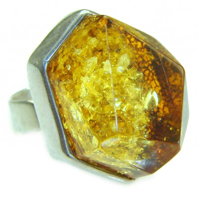 Modern Concept Natural Faceted Baltic Amber .925 Sterling Silver ring s. 8 adjustable