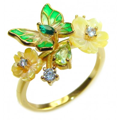 Green Butterfly Genuine Enamel Gold over .925 Sterling Silver handmade Ring size 7 1/4