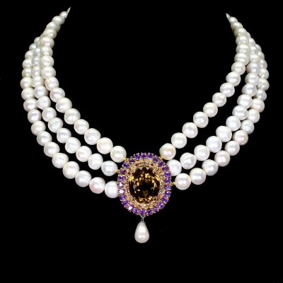 Vintage Beauty genuine Pearl Champagne Topaz 14K Gold over .925 Sterling Silver handcrafted Necklace