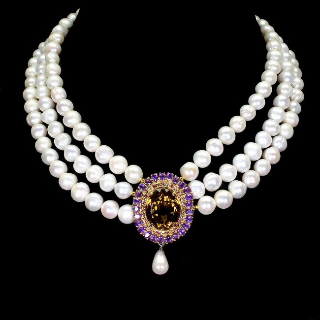 Vintage Beauty genuine Pearl Champagne Topaz 14K Gold over .925 Sterling Silver handcrafted Necklace