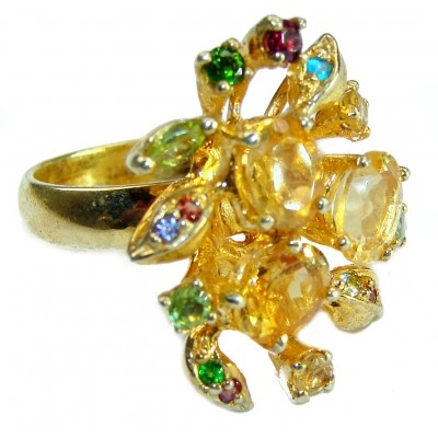 Luxurious Style Natural carved Citrine 14K Gold over .925 Sterling Silver handmade Large Cocktail Ring size 8