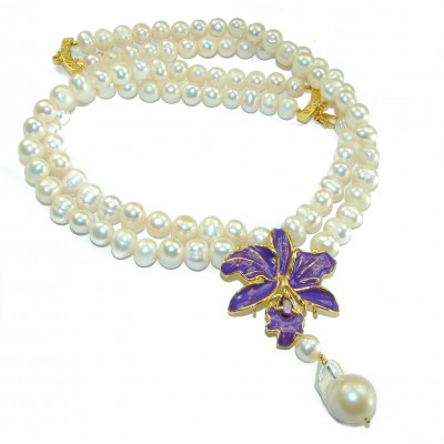 Precious Lilac Flower 16 inches Long genuine Pearl 14K Gold over .925 Sterling Silver handcrafted Necklace