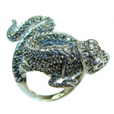 Lizard Natural Marcasite Ruby .925 Statement Sterling Silver ring size 8