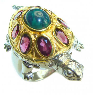 Good health and Long life Turtle 6.5ctw Genuine Black Opal 18K Gold over .925 Sterling Silver handmade Ring size 8