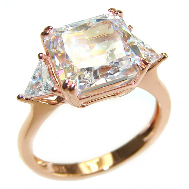 Princess cut 9.5 carat White Topaz 14K Rose Gold over .925 Sterling Silver handcrafted ring; s. 7