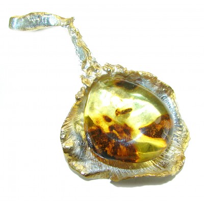 Prehistoric authentic Baltic Amber 2 tones .925 Sterling Silver handcrafted pendant