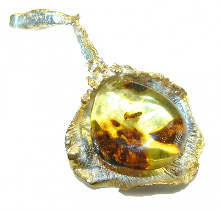 Prehistoric authentic Baltic Amber 2 tones .925 Sterling Silver handcrafted pendant