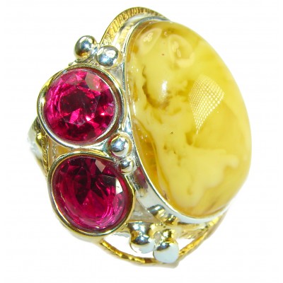 Butterscotch Amber Red Tourmaline 2 tones .925 Sterling Silver handcrafted Ring s. 8 adjustable