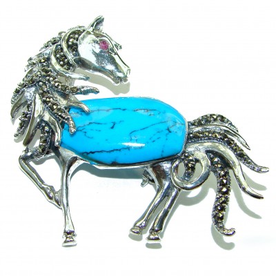Blue Horse Excellent inlay Turquoise .925 Sterling Silver handcrafted Pendant Brooch