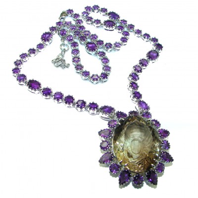 Outstanding carved Smoky Topaz Amethyst .925 Sterling Silver handcrafted Statement necklace