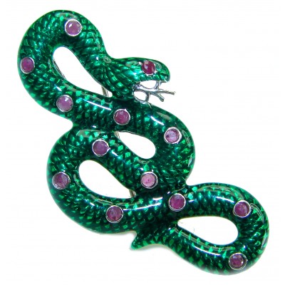 INCREDIBLE Natural Ruby Enamel Snake .925 Sterling Silver Pendant Brooch