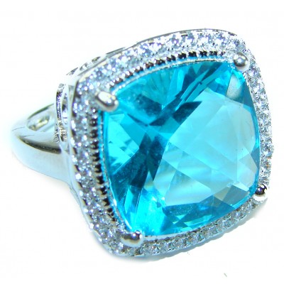 14.8 carat asscher cut Swiss Blue Topaz .925 Sterling Silver handmade Ring size 7