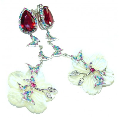 Summer Flowers Blister Pearl Red Topaz .925 Sterling Silver handcrafted Earrings