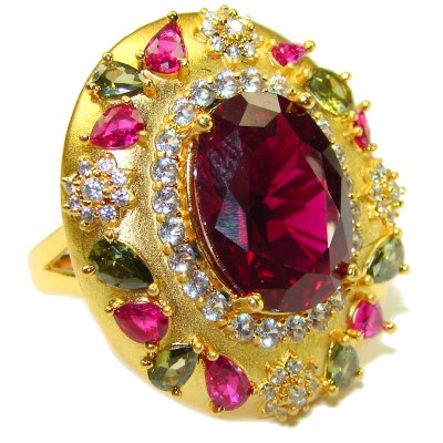 Byzantine design Authentic Red Topaz 14K Gold over .925 Sterling Silver handmade Large Ring s. 8