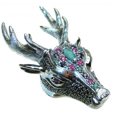 Large Deer Head Authentic Ruby .925 Sterling Silver handmade Ring size 8