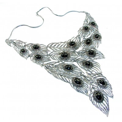 HUGE 102.9 grams Peacock Feather design genuine Onyx .925 Sterling Silver handcrafted Necklace